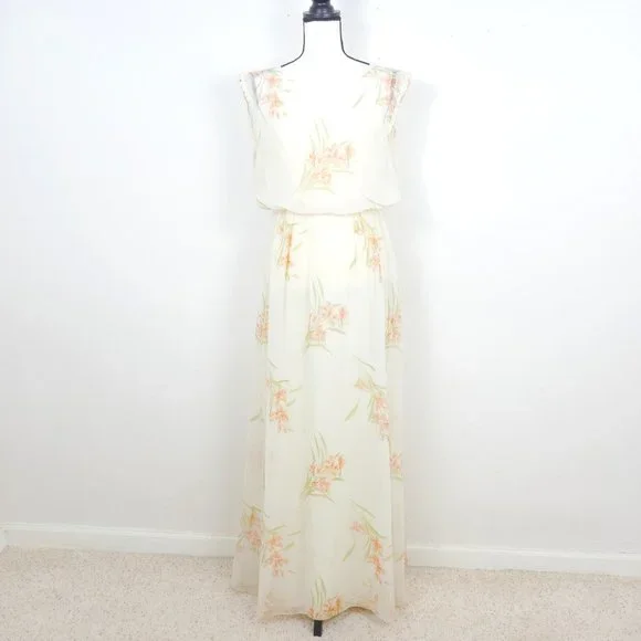 Vintage Dresses | Vintage Cream Peach Floral Sheer Sleeveless Sweet Romantic + Liner Maxi Dress | Color: Cream/Orange | Size: See Measurements |